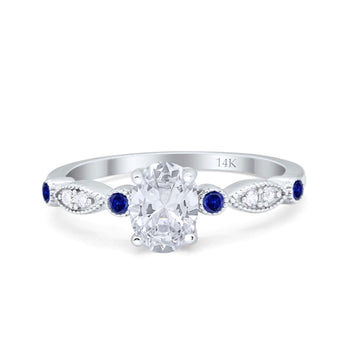 14K White Gold Vintage Style Oval Bridal Blue Sapphire Simulated CZ Wedding Engagement Ring Size 7